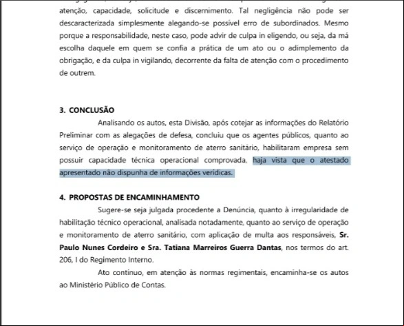 Fotografia que mostra trecho do relatório do TCE